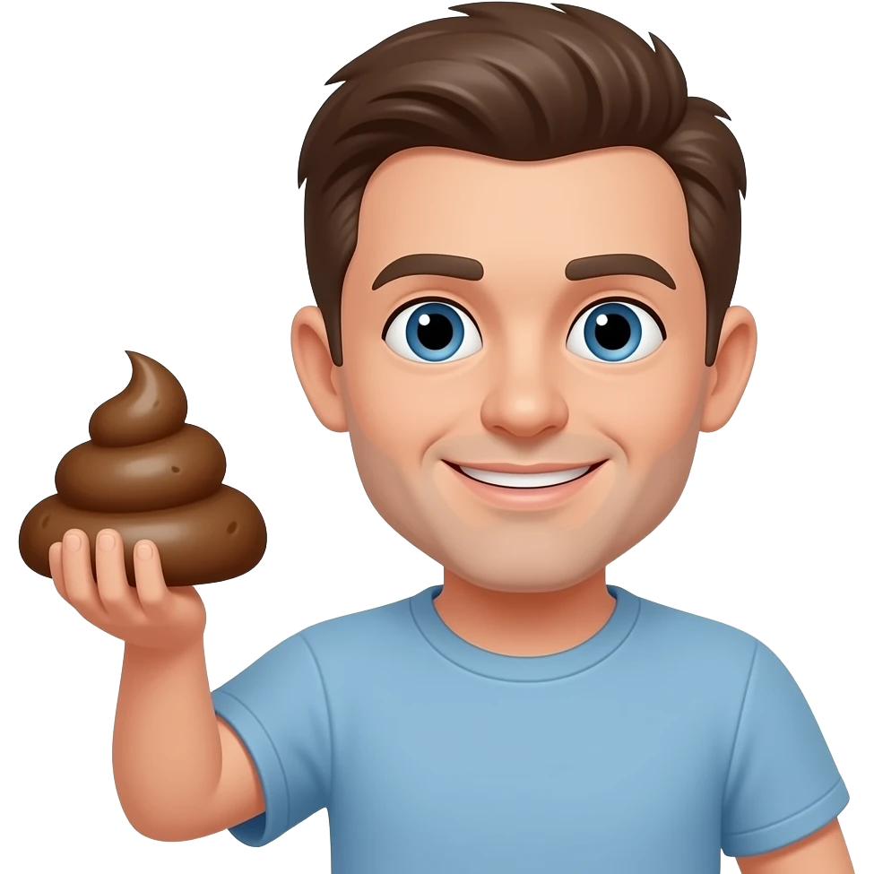 White Man holding a playe of poop emoji