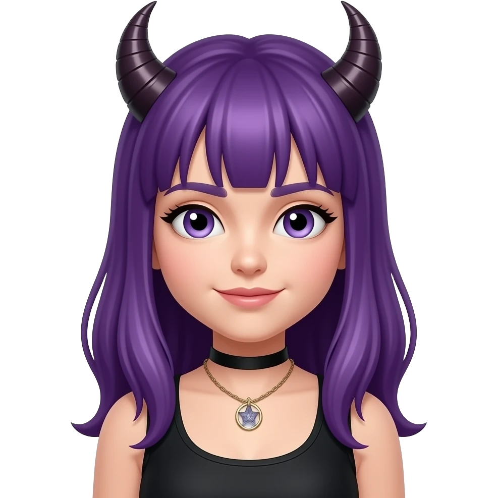 girl with long purple hair with a DEVIL sign emoji