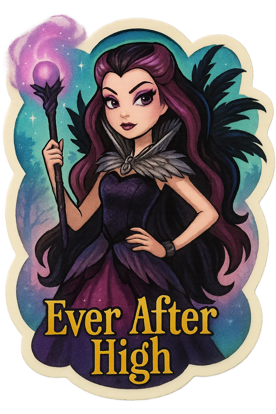 Ever After High sticker of Raven Queen, holding her magic scepter, dark feathers, confident pose, enchanted background emoji