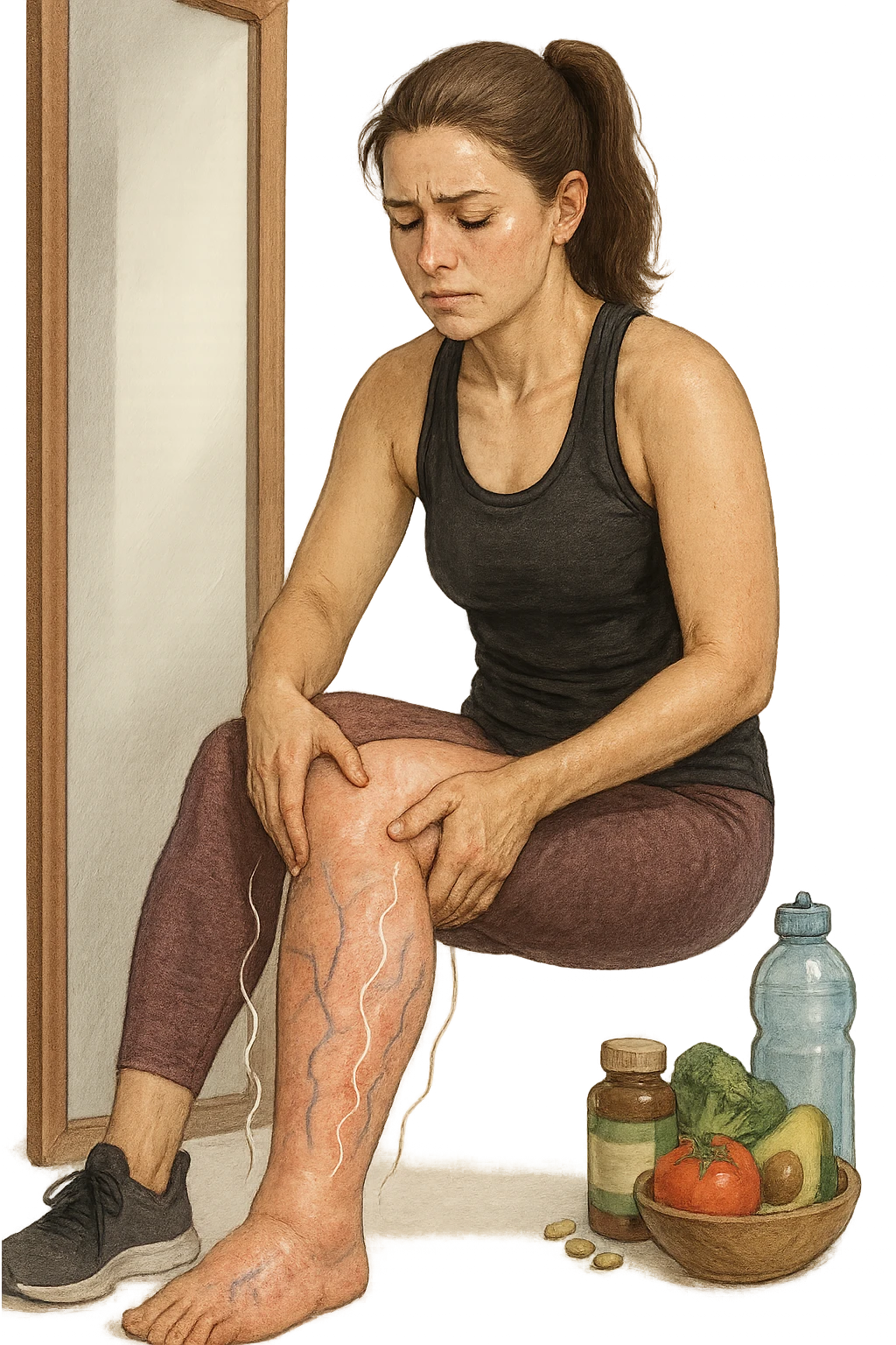 Donna tra i 25 e i 35 anni in abbigliamento sportivo, seduta o in piedi davanti allo specchio, mentre massaggia con forza le sue gambe gonfie, con espressione determinata ma affaticata. Intorno alle gambe si vedono simboli visivi di gonfiore e ritenzione (gambe leggermente arrossate, vene visibili, contorni delle gambe evidenziati da linee simboliche). Sullo sfondo: integratori naturali, alimenti sani e una bottiglia d’acqua, come strumenti di supporto. Atmosfera di lotta personale, luce neutra ma con accenti di speranza. Stile realistico e educativo emoji