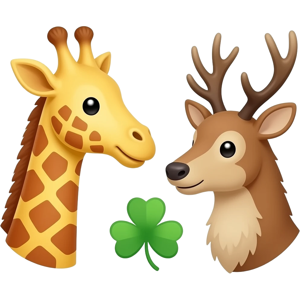 Einfacher Giraffenkopf und Elchkopf schauen sich an mit Vierblätter Glücksklee emoji