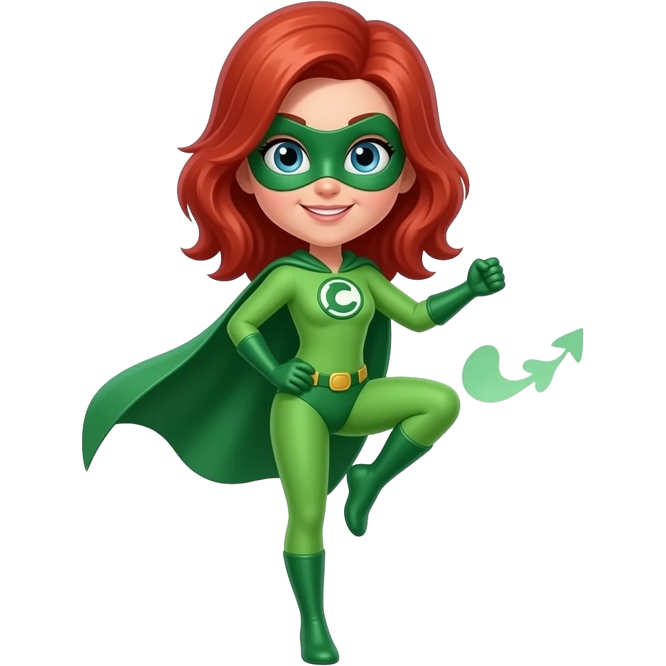 quiero que me hagas a una superheroina con el pelo pelirrojo mascara verde i con un traje verde que sea una niña con el pie derecho levantado emoji