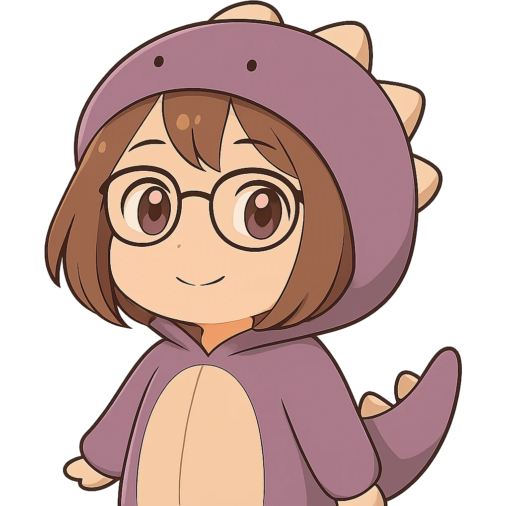 Edit the image to depict a chibi anime style girl with glasses, brown hair, dark purple eyes, wearing a purple dinosaur costume, happy expression, with her arm down, no background, same style as the reference image. emoji