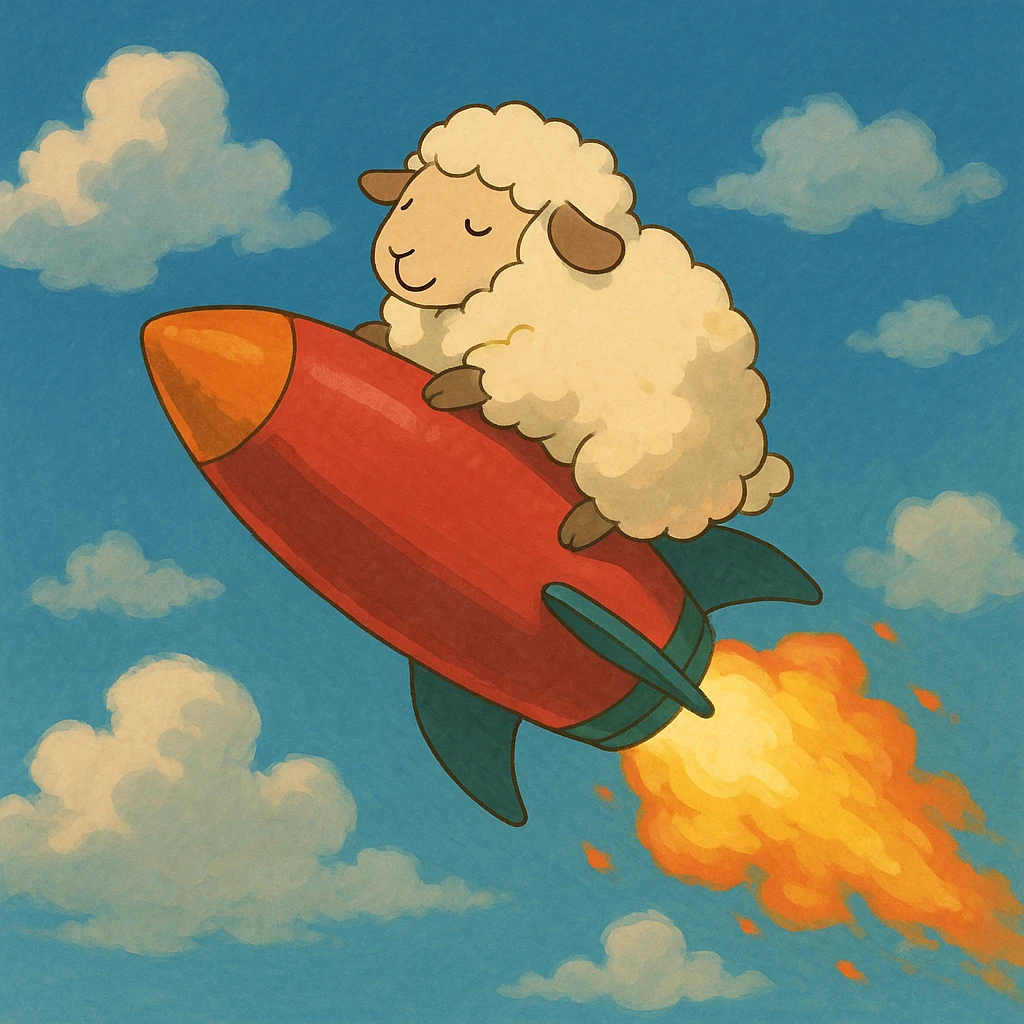 sheep flying on a rocket, ghibli cartoon style emoji