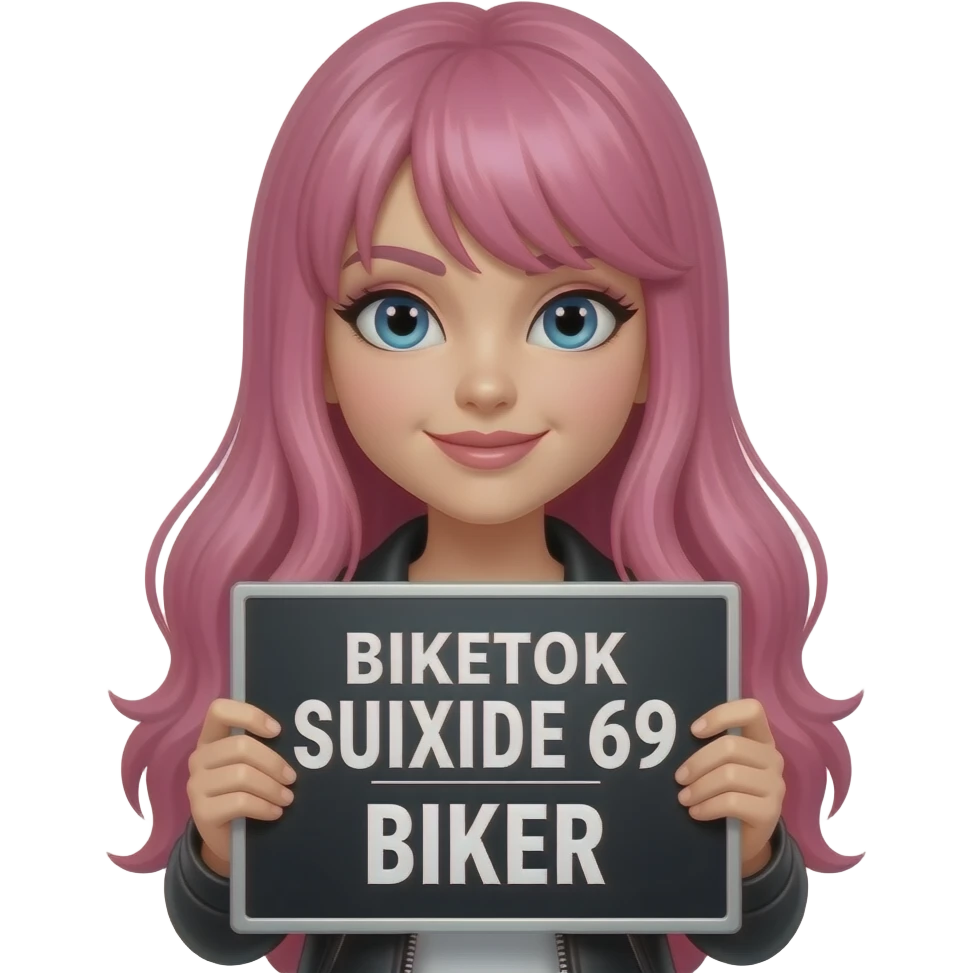 sexy girl with long pink hair holding a BIKETOK SUIXIDE 69 BIKER sign emoji