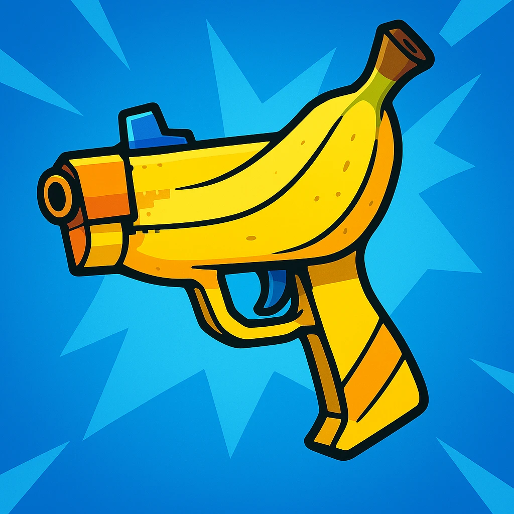 banana pistol in Fortnite style, vibrant colors, playful and dynamic, cartoonish proportions, energetic pose, bold outlines, fun and action-packed vibe emoji