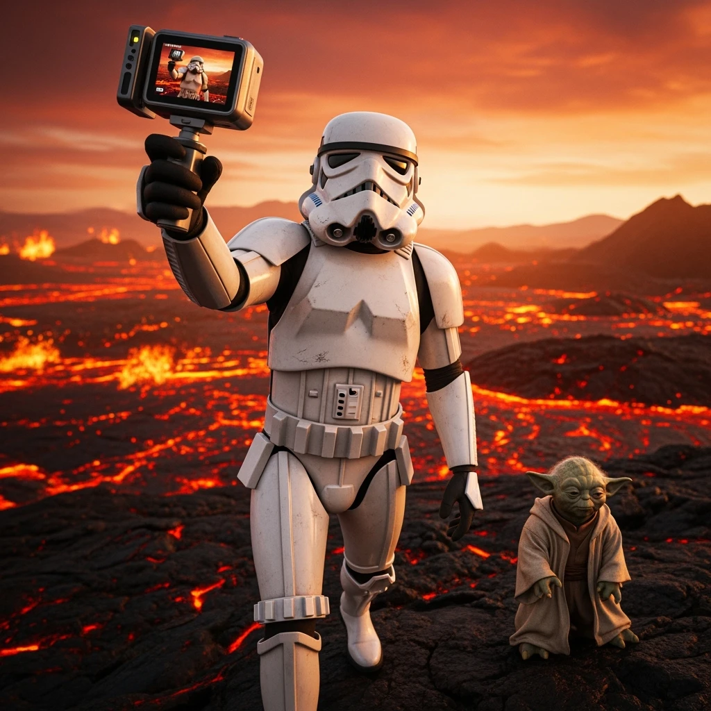 Camera POV, Starwars stormtroopers vlogging selfie, he is walking on lava planet with yoda emoji