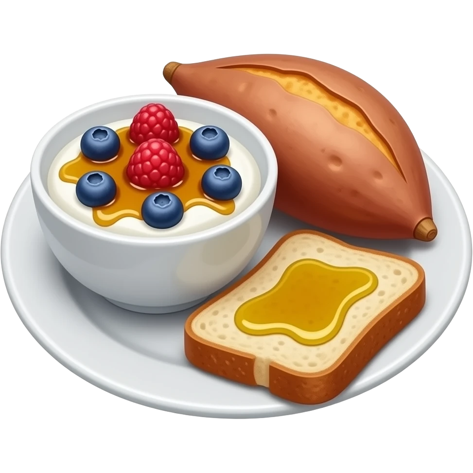 Realistic Plate with greek yogurt bowl topped with blueberries raspberries and maple syrup and sourdough slice topped with a lot of olive oil and a sweet potato on the side HD emoji