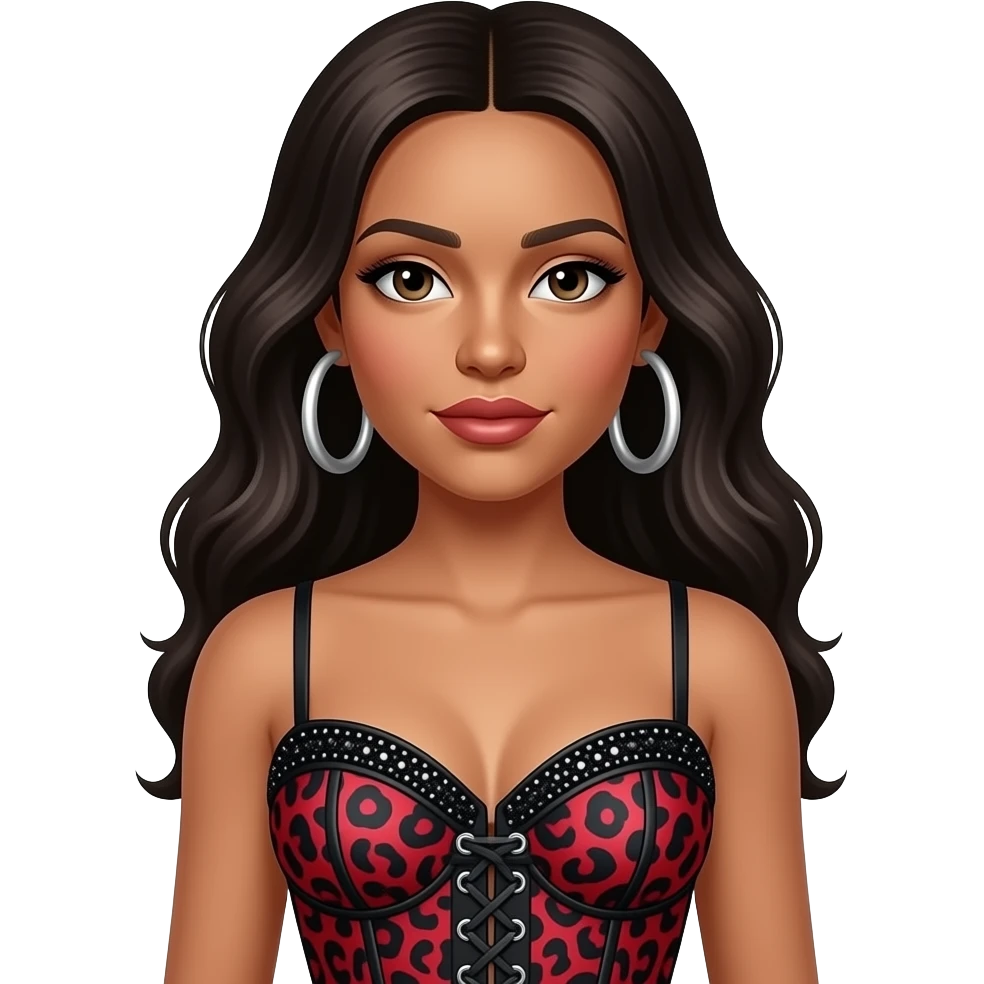 Tate McRae wears a bold red and black leopard-print corset top with sparkling black embellishments. She pairs the look with large silver hoop earrings for a fierce, high-energy stage presence. emoji