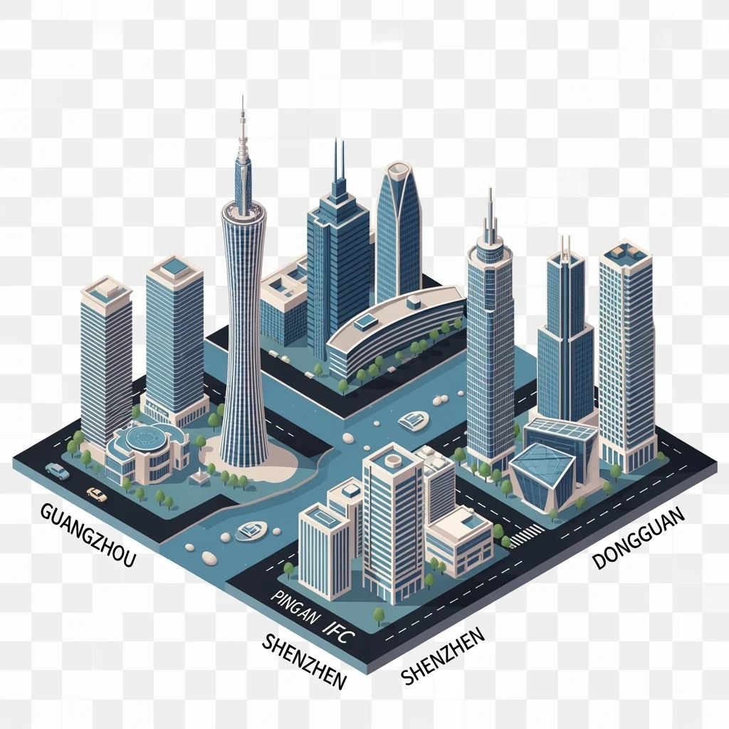 Isometric minimalistic illustration of mix Guangzhou, Shenzhen and Dongguan subtle 3D miniature effect and Tilt Shift effect, no cartoonish look, transparent background. emoji