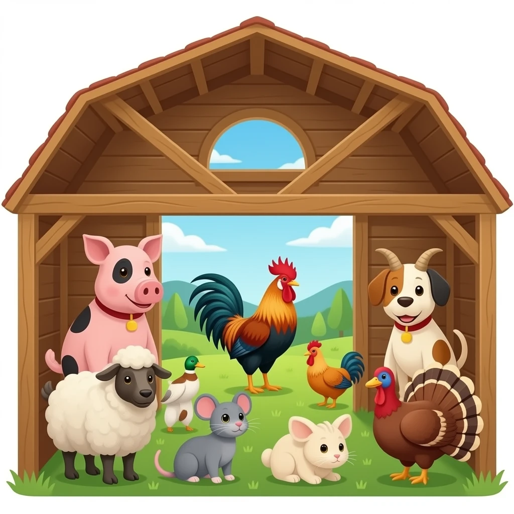 Farm animals inside the barn: here’s the Cow, pig, rooster, dog, duck, cat, chicken, sheep, goat, mouse, rabbit, and a turkey emoji