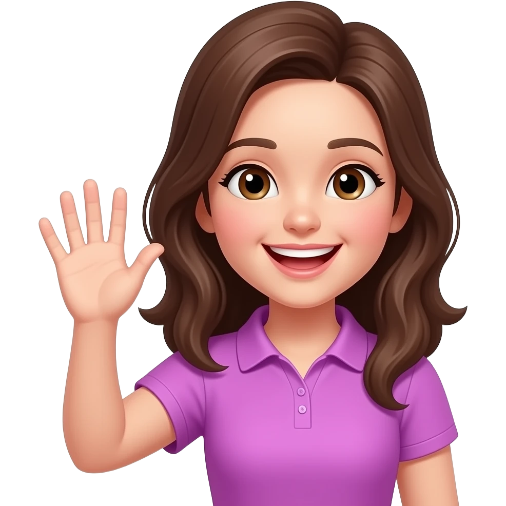 девушка более счастливая махает рукой,  феолетово розовая одежда emoji