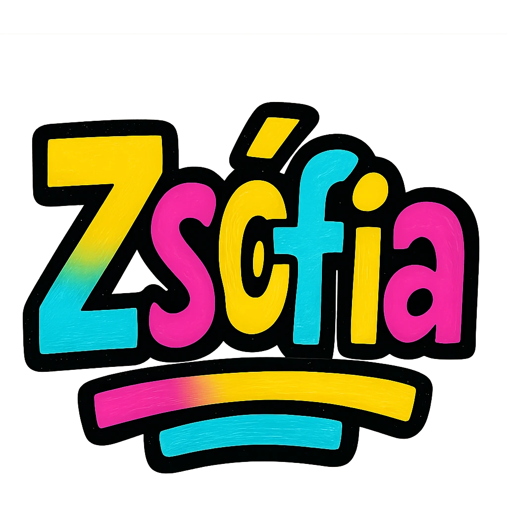 Zsófia name in modern colorful gradient font with dark outline, transparent background, in the style of sample images emoji