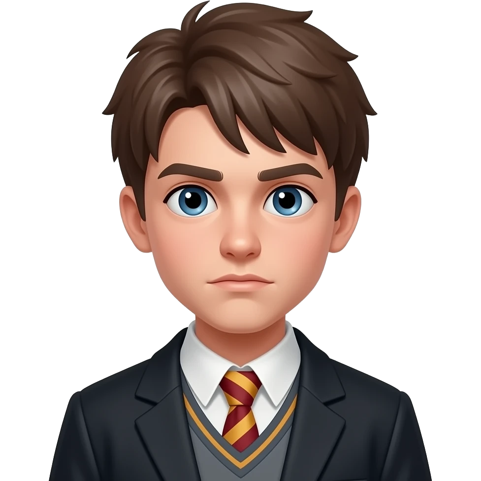 young wizard man, 18-19 years old, short brown hair, round face, determined serious expression, wearing school uniform with striped tie, head-and-shoulders portrait, centered, 3D glossy emoji style, clean background emoji