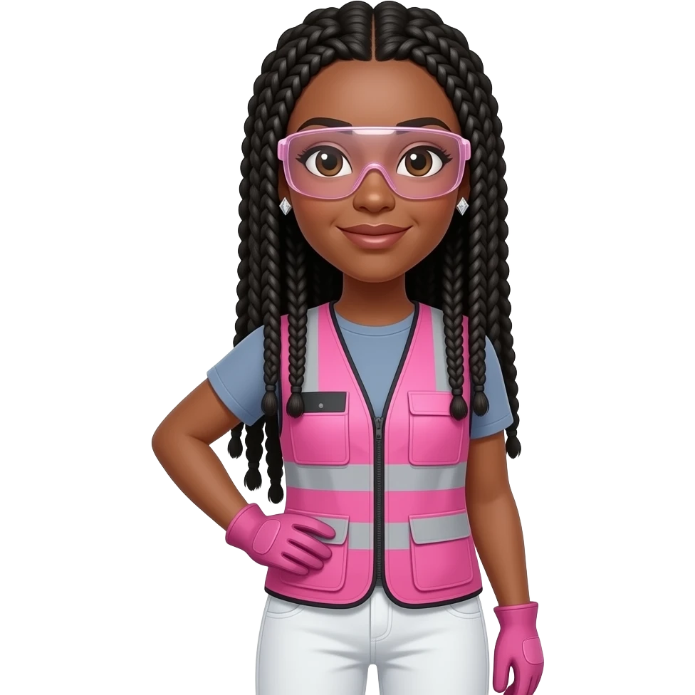 light skin woman with brown eyes with long black box braids wearing diamond earrings wearing pink and clear safety glasses wearing a pink construction vest wearing white pans wearing pink construction vest wearing white pants wearing pink construction gloves emoji