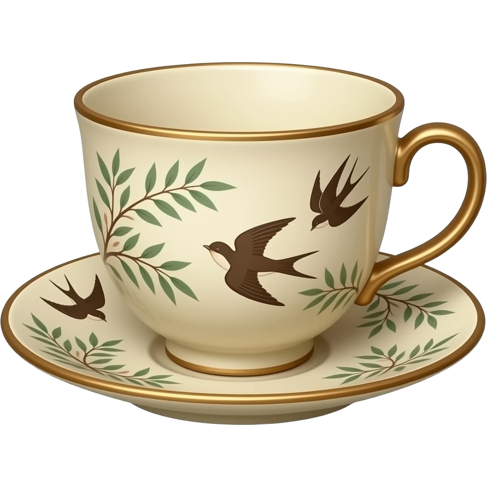 Chinoiserie style tea cup and saucer, beige porcelain, with a pattern of willow, brown swallows emoji