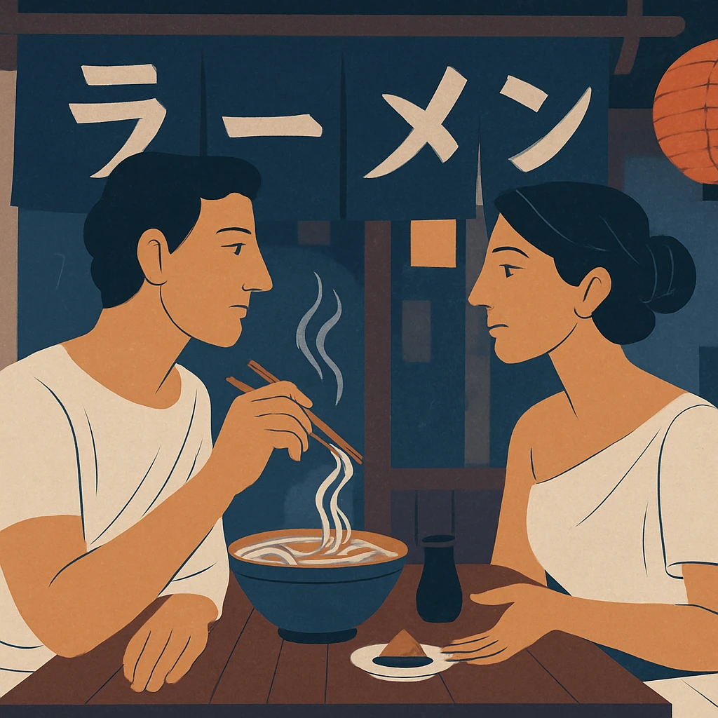 roman style illustration of couple dining in Japanese street cafe, avoid yellow orange color tint
 emoji
