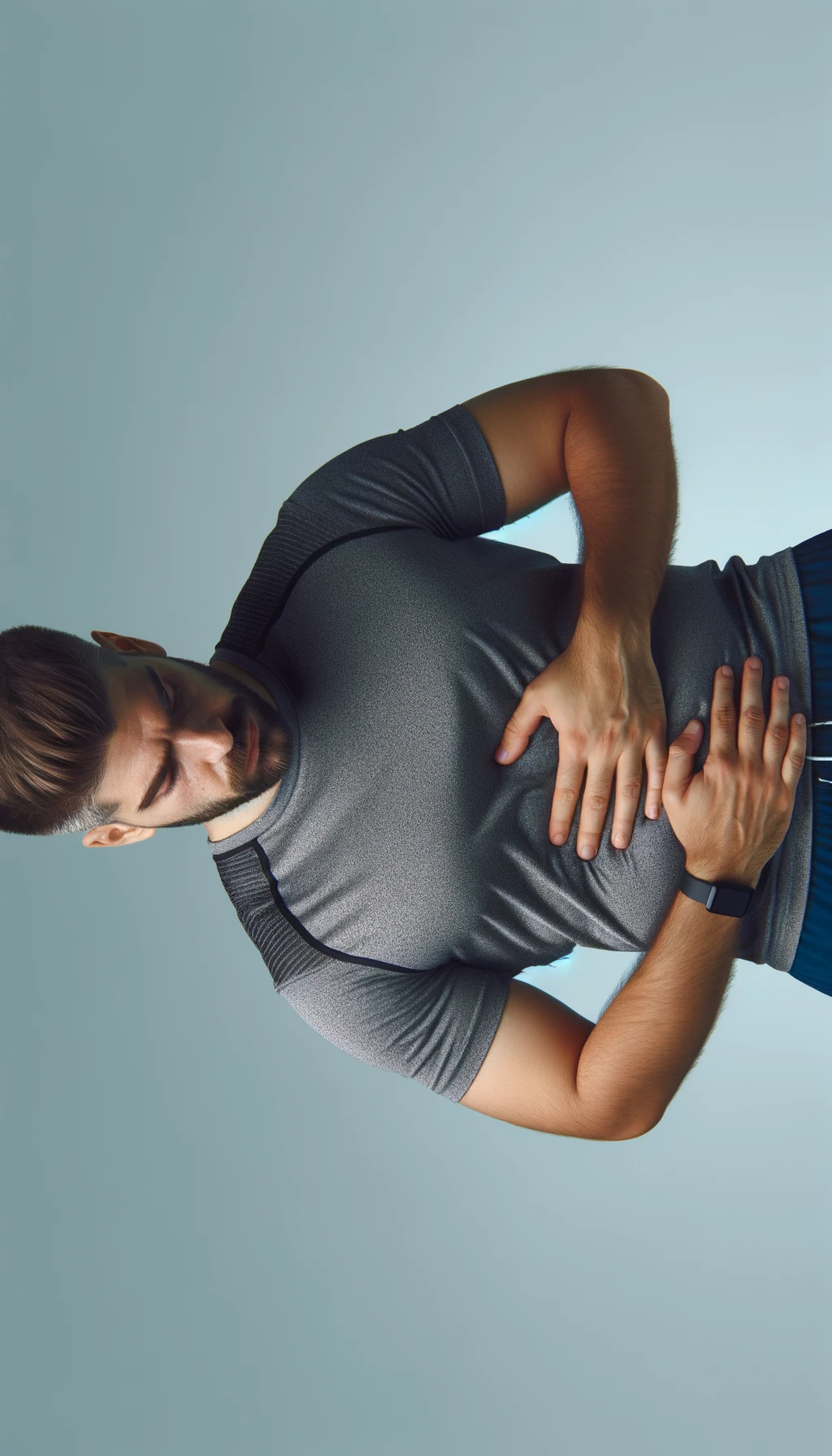 UOMO FITNESS LEGGERMENTE SOVRAPPESO, SI TOCCA LA PANCIA CON ESPRESSIONE DISPIACIUTA IN VOLTO, iperrealistico 4k emoji