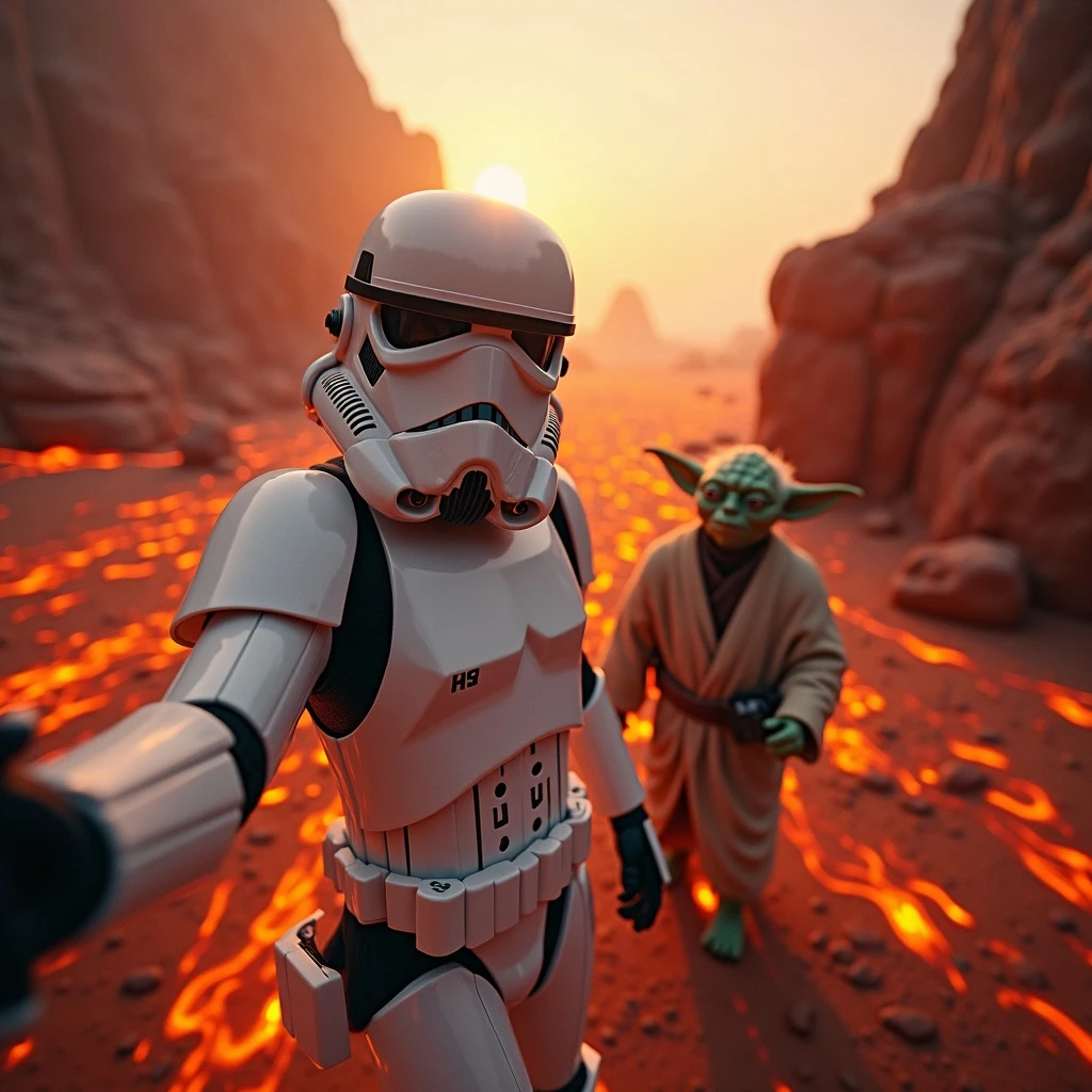 Camera POV, Starwars stormtroopers vlogging selfie, he is walking on lava planet with yoda emoji