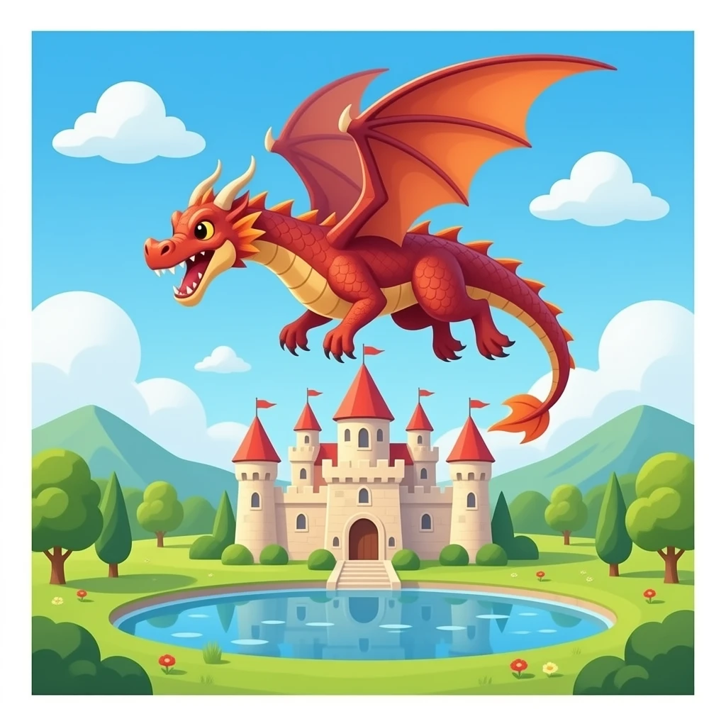 Dragon flying above a castle with a moat emoji