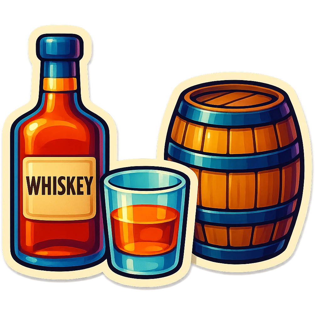A whiskey tasting set including a bottle, glass, and barrel, with a cohesive vintage design emoji