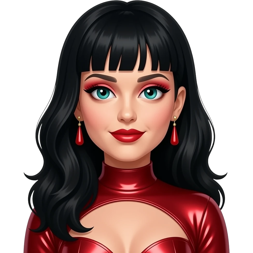 Katy Perry with teal eyes, long black hair, red eyeshadow and lipstick, red metallic pop outfit, earrings emoji