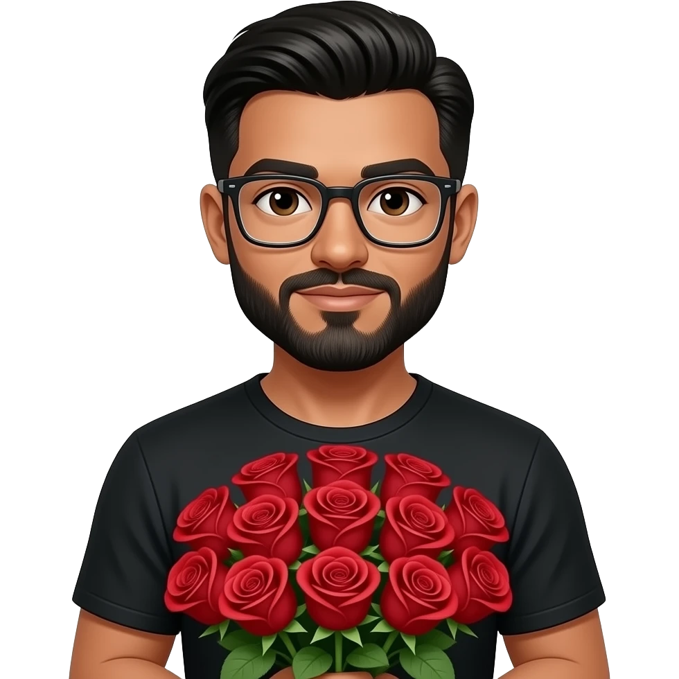 black slick back hair, tan skin, black beard, with squar glasses, brown eyes, black tee shirt, with a dozon roses in hand emoji