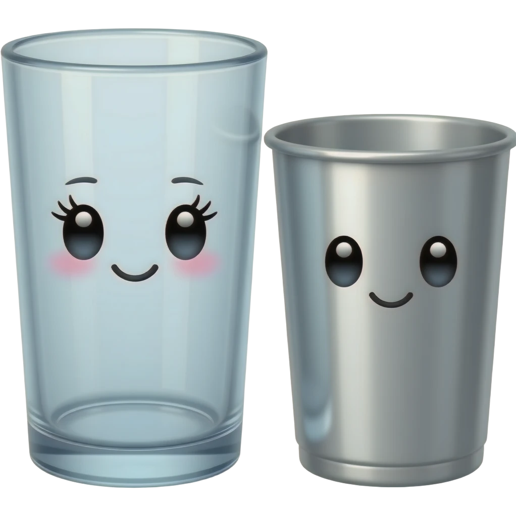 Glass cup with a cute face with eyelashes next to metal cup with a cute face without eyelashes emoji