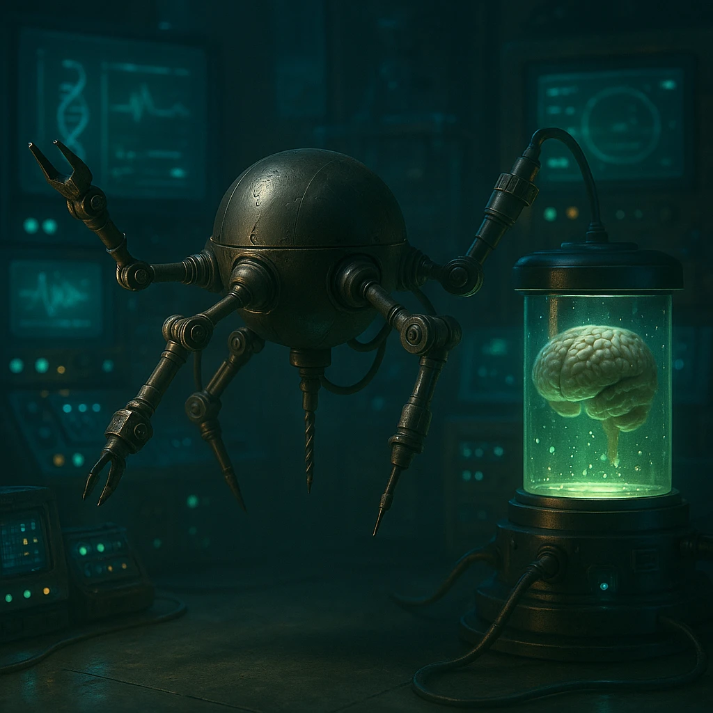 Lighten the genetics lab scene, add glowing scientific equipment and a brain floating in glowing green liquid. Make the scene more realistic with detailed lighting and reflections, emphasizing a realistic style with intricate light play and reflections. emoji