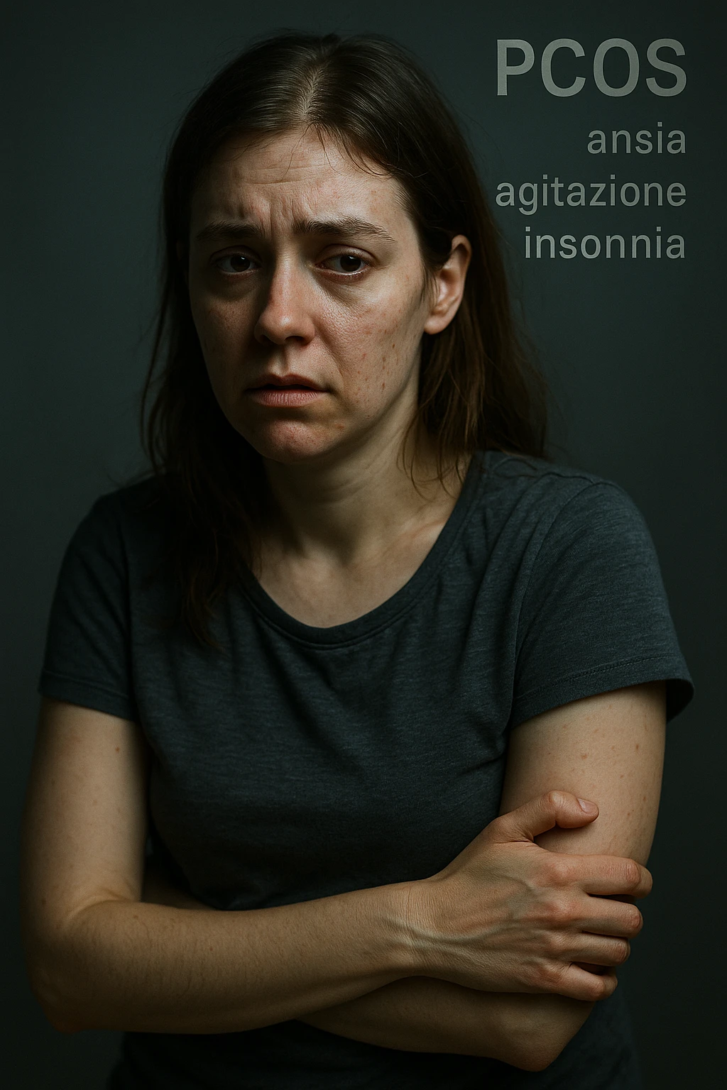 vertical realistic cinematic image of a woman with PCOS, anxiety, agitation, and insomnia evident in face and posture. Clinical dramatic lighting, Italian captions, aspect ratio 2:3 emoji