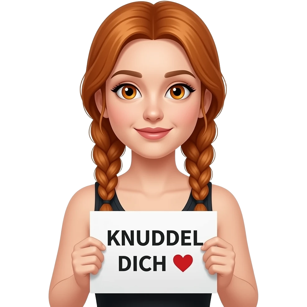 sexy girl with long ginger braids and ginger eyes wearing a black tanktop is holding a white sign with KNUDDEL DICH 🧡 written on it emoji