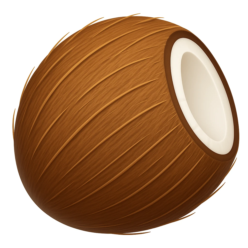 Create a coconut emoji that looks exactly like the reference image in the style of iOS emojis. The emoji should have a 3D appearance with shiny, smooth gradients, soft shadows, and a realistic coconut texture, capturing the classic emoji look. emoji