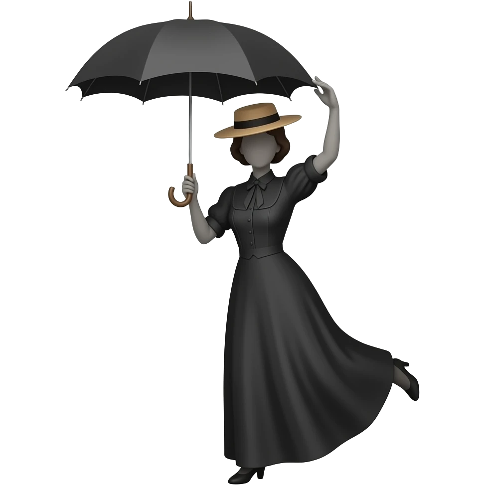 black silhouette mary poppins style female in straw boater hat, old edwardian dress holding umbrella up high with hand above head and feet pointing out forwards emoji