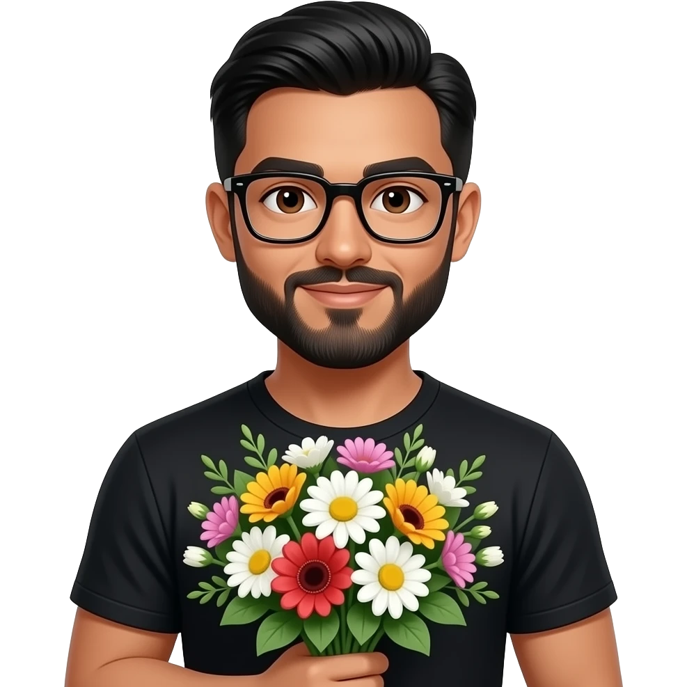 black slick back hair, tan skin, black beard, with squar glasses, brown eyes, black tee shirt, with flowers in hand emoji