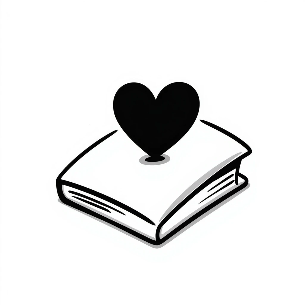 a book with a heart on the cover, hand drawn doodle style emoji