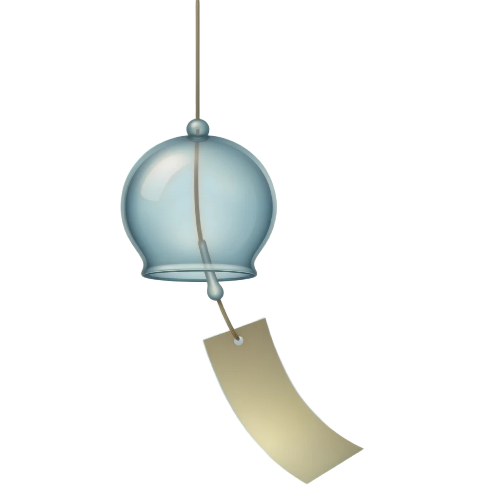 A delicate Japanese furin wind chime hangs gently in the air, suspended by a thin string. It features a single piece of paper attached below, swaying softly with every breeze. The subtle movement creates a sense of calm and quiet elegance, capturing the essence of minimalism and serenity. emoji