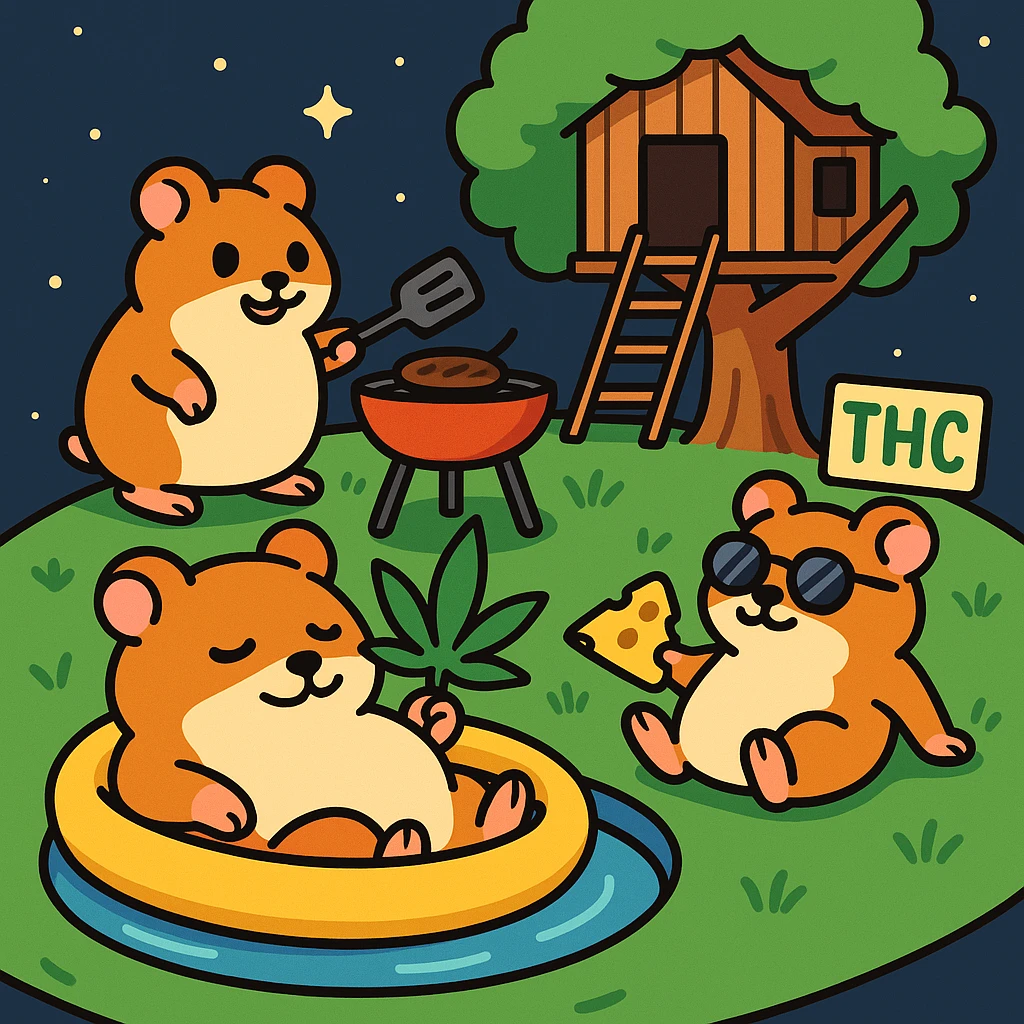 Discord server icon, 512x512 px, square format, summer pool cookout scene with up to 3 hamsters playing and relaxing, weed leaf, cheese, and THC theme, near a treehouse, in space. Flat toon style, more saturated colors, bold outlines, nostalgic, fun, inviting, summer party vibe, clear composition, crisp details, designed to look good even at tiny size. emoji