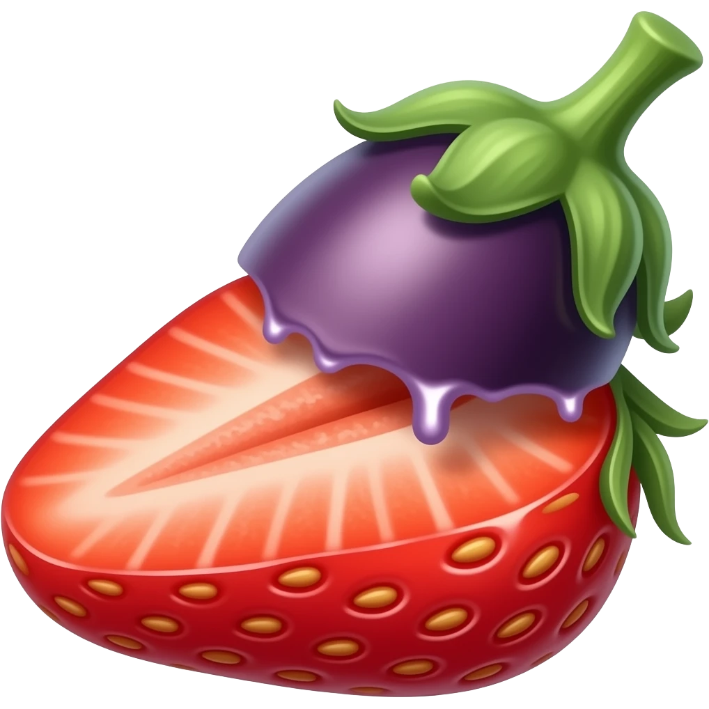 Eggplant going in dripping strawberry slice emoji