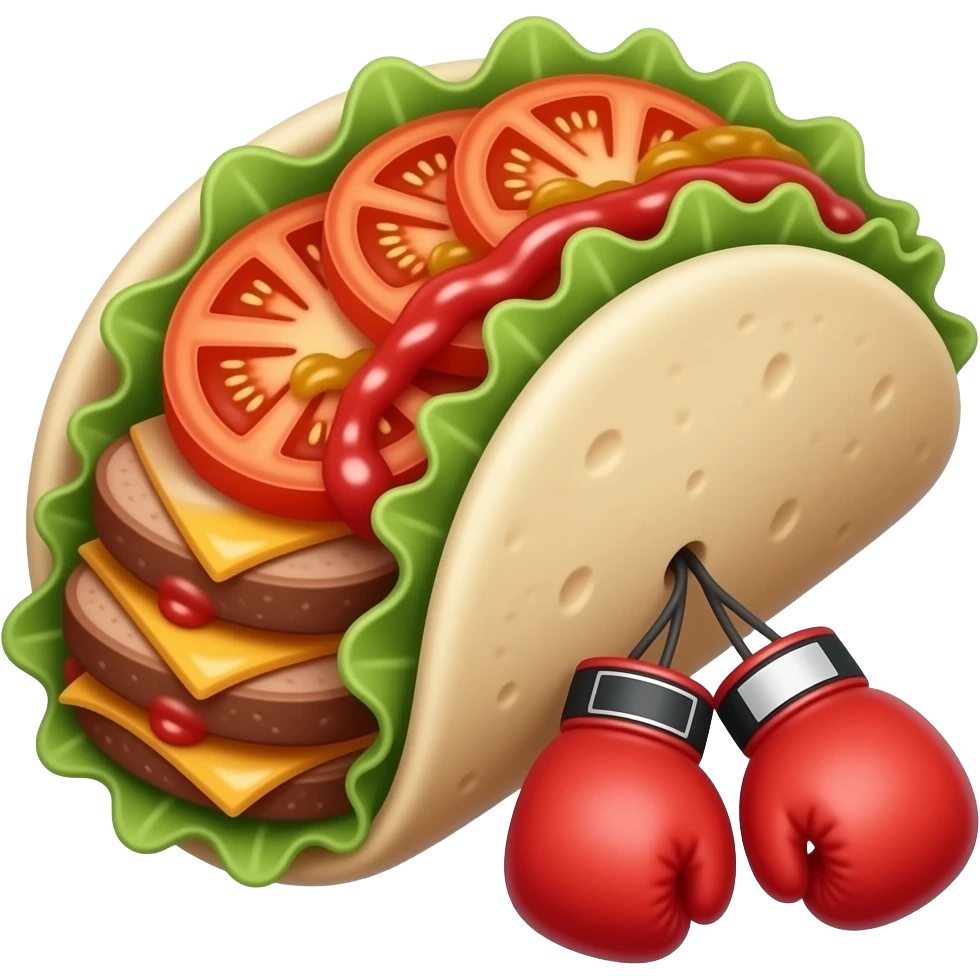 Doner kebab emoji in an open flatbread (not wrapped like a dürüm), visible filling with layered meat slices, lettuce, tomato and sauce, bread folded but open at the top, small boxing gloves, no arms or legs, clean glossy emoji style emoji