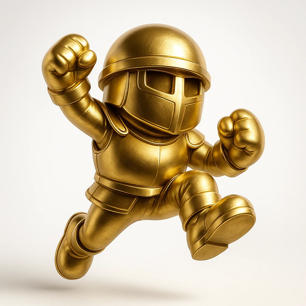 Jump King character in a golden version, with stylized text, dynamic pose, energetic background emoji