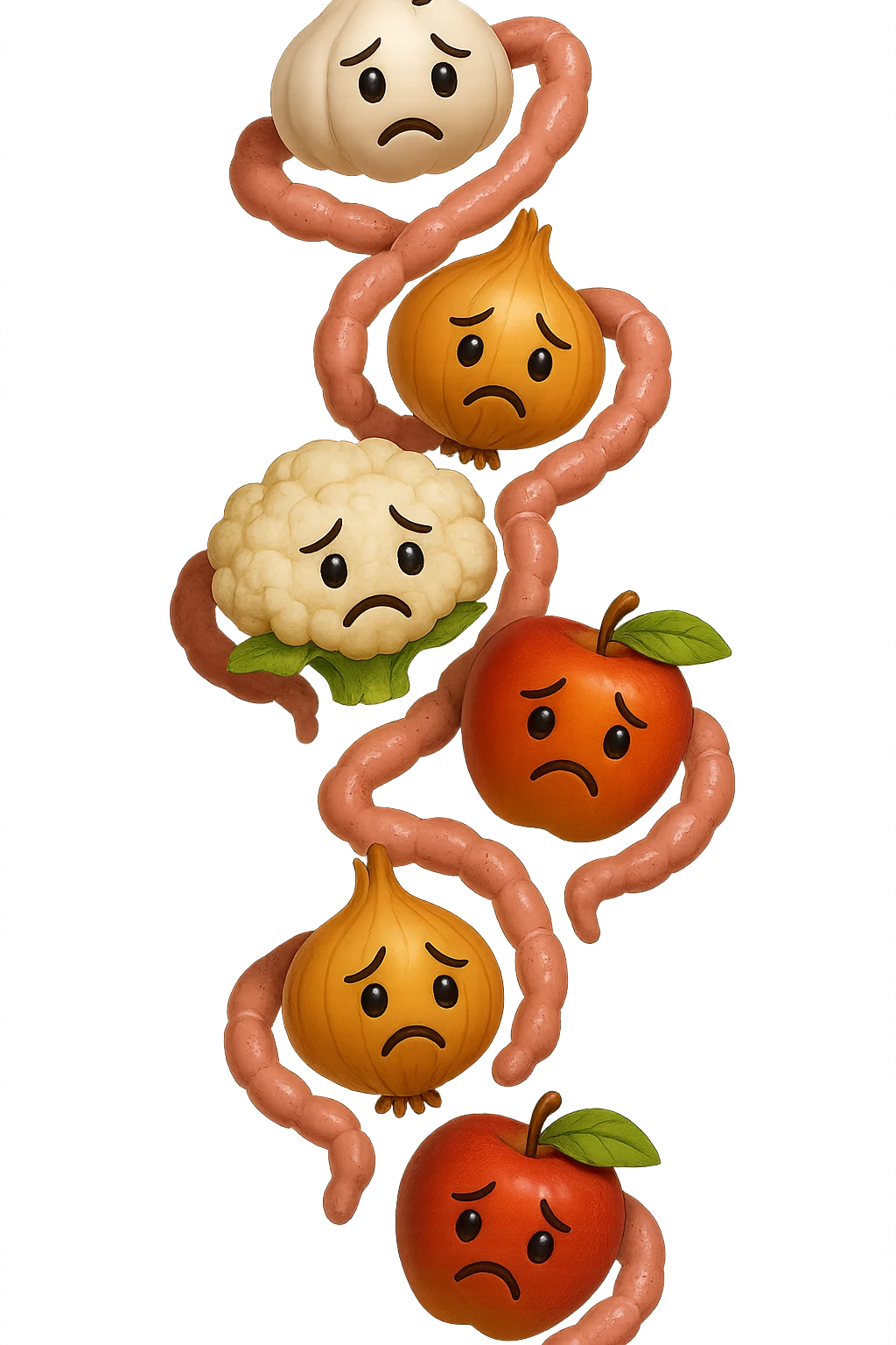 EMOJI STILE IPHONE DI aglio, cipolle, cavolfiore e mele che cadono verticalmente dall'alto con espressione triste con pezzi di colon avvolti intorno, IPERREALISTICO 4K emoji