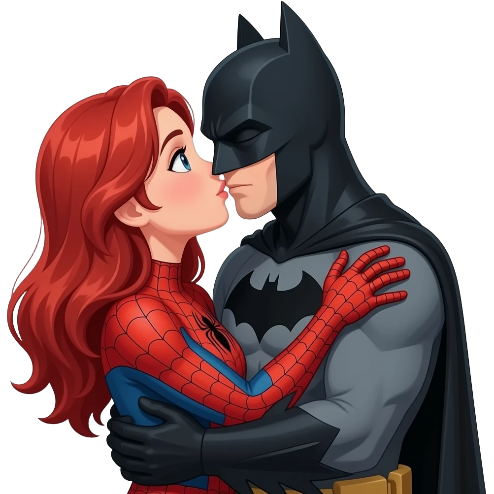 Spiderman kissing read hair girl  creepy, batman drulling and hugging both emoji