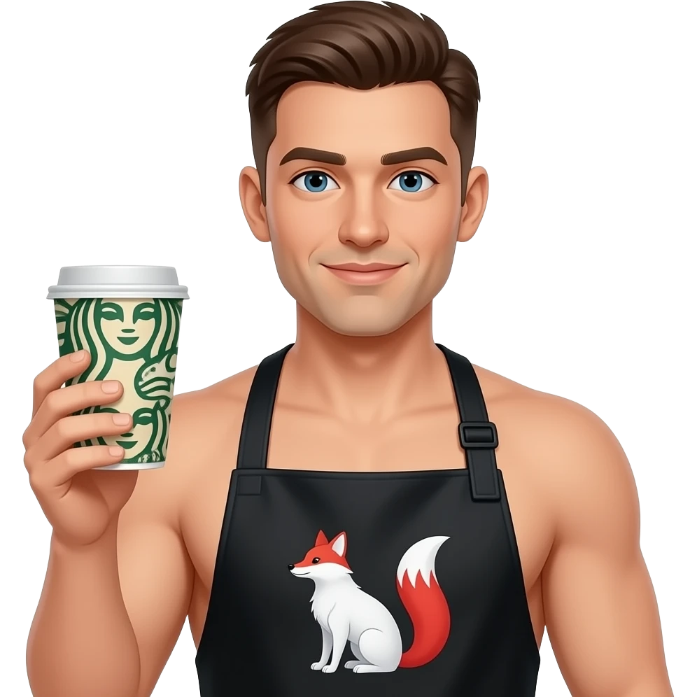 The man with a short haircut and bare hair is standing with a cup of coffee in his hands. He is without clothes, wearing a black barista’s apron with the design of a white fox (embroidery). On him are leaves, ears, and leaves, a red tail. emoji