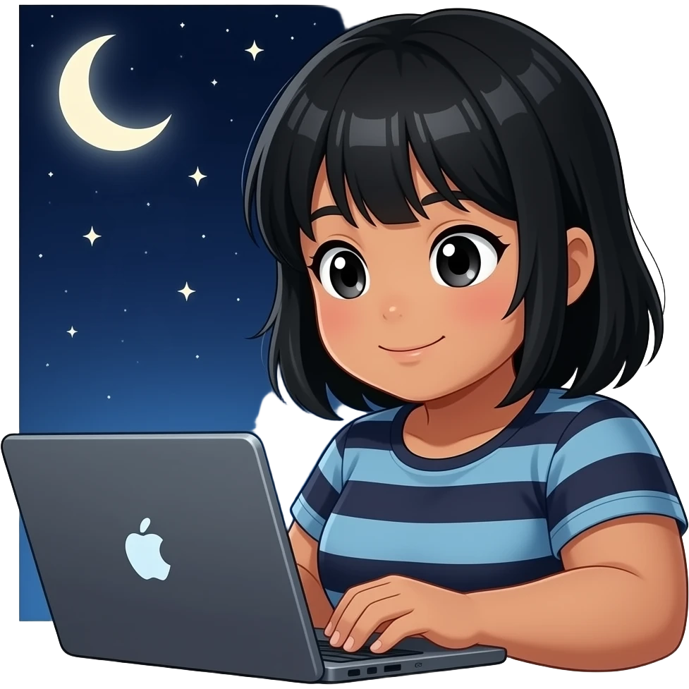 create a girl anime like design, who is girl with black hair, black eyes and metiss girl, chubby girl who work on the laptop with sky night, she is like michiko malandro anime girl emoji