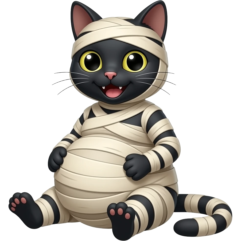 #Mummified black cat mummy sitting down happy with a  very huge pregnant belly emoji