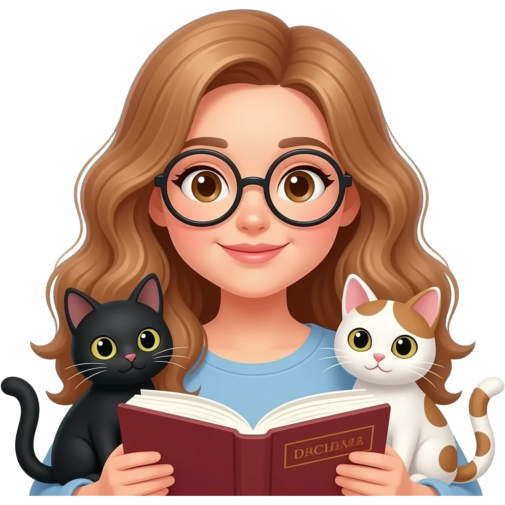 detailed emoji illustration of a curvy woman with long light brown wavy hair, light brown eyes and round glasses reading a book with two cats beside her (one black cat and one white cat with brown spots), cozy atmosphere, cute emoji style emoji