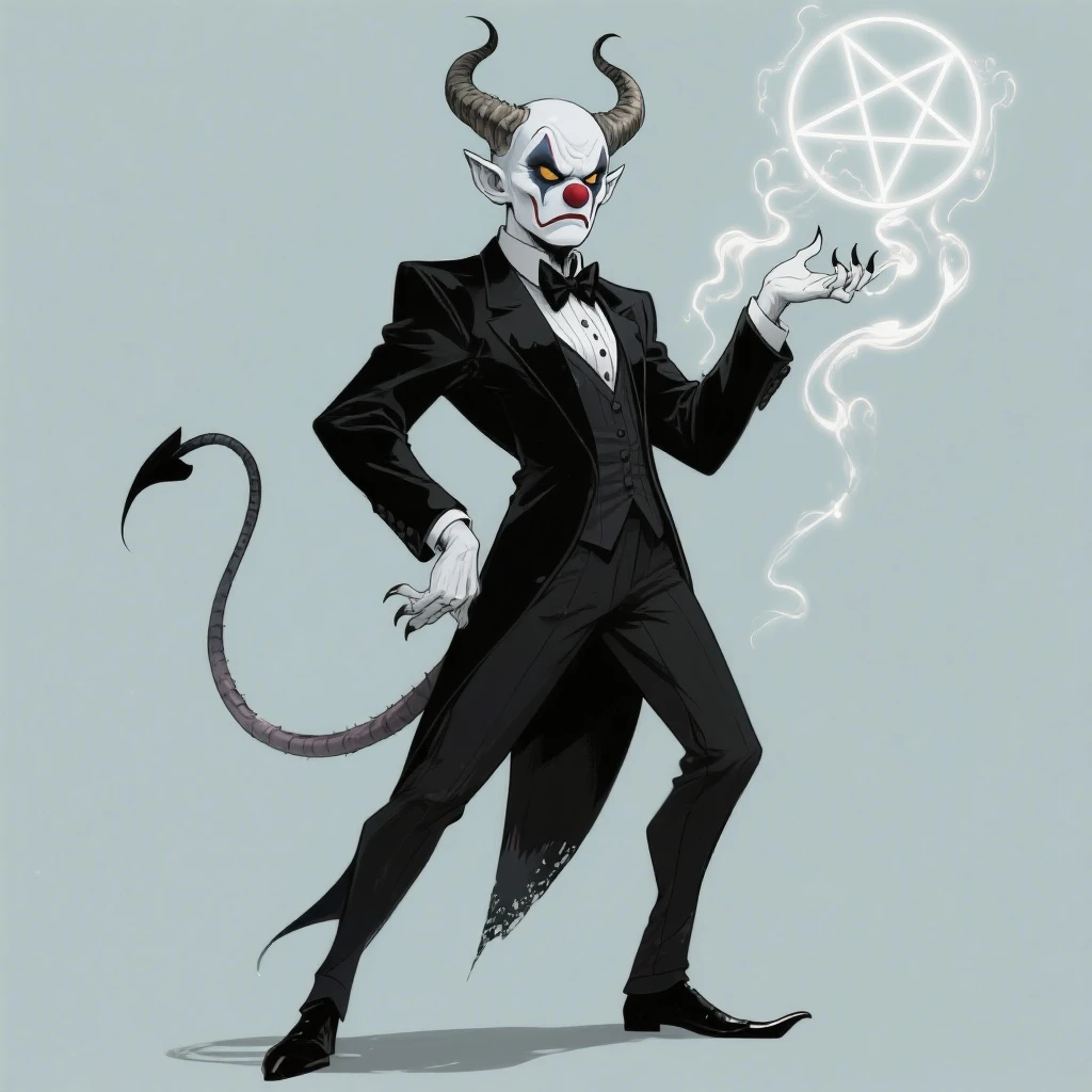Evil clown wizard with white skin, stoic and frowning expression, wearing a black suit, with horns and tail, casting a spell, no pentagrams, detailed character design based on reference images emoji
