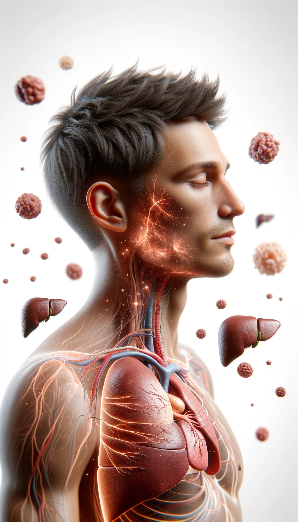 corpo umano anatomico con capelli corti e gli occhi chiusi, intorno a lui fluttuano cellule, fegato in evidenza, ha l'espressione rilassata, visto dal fianco iperrealistica 4k, isolato su sfondo bianco emoji