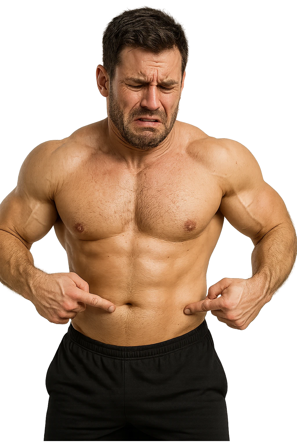 BODYBUILDER CHE SI INDICA I FIANCHI CON ESPRESSIONE AFFLITTA, ISOLATO SU SFONDO BIANCO, IPERREALISTICI 4K emoji