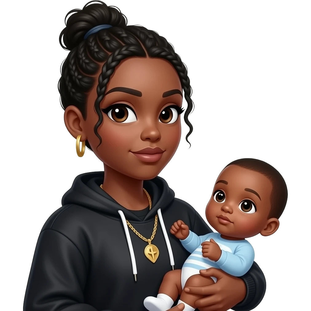 Make a girl with a messy bun that is a black woman and gangsta looking with a baby in her hands emoji